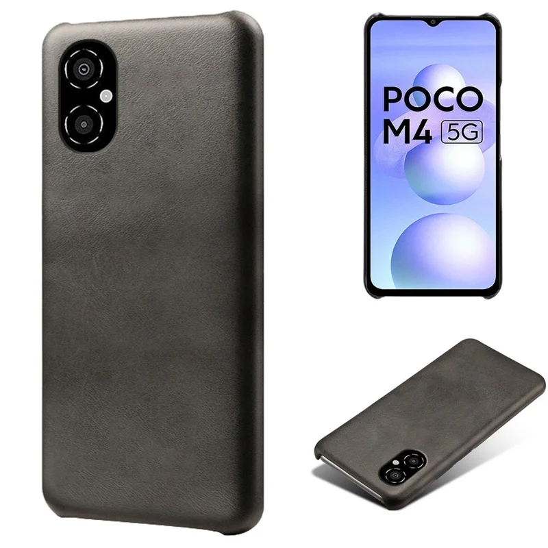 Til Xiaomi Poco M4 5G Kalvelignende PU-læderbehandling Hård PC Stødfast Mobiltelefon Case Beskyttelsesdæksel - Sort