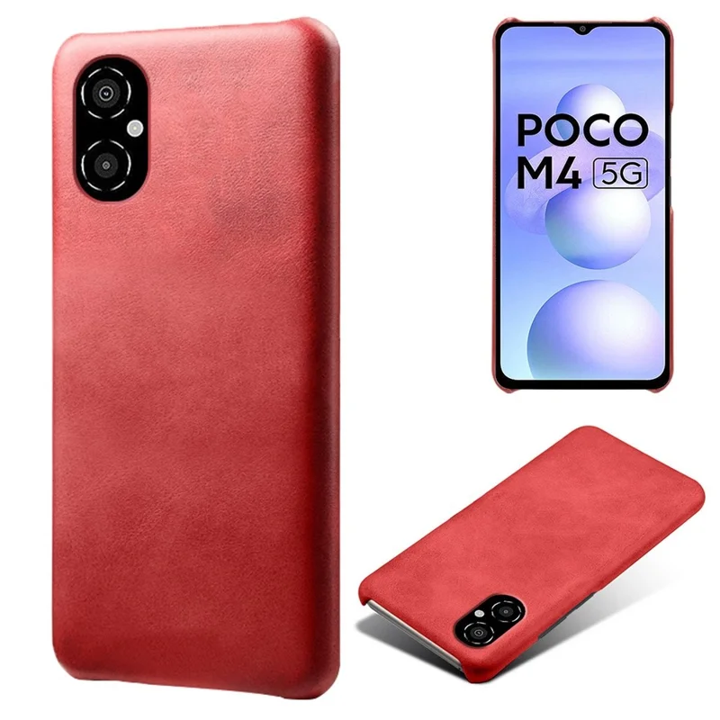 For Xiaomi Poco M4 5G Calf Textured PU Leather Coating Hard PC Shockproof Cell Phone Case Protective Shell - Red