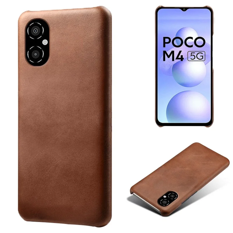 For Xiaomi Poco M4 5G Calf Textured PU Leather Coating Hard PC Shockproof Cell Phone Case Protective Shell - Brown