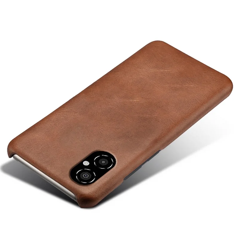 For Xiaomi Poco M4 5G Calf Textured PU Leather Coating Hard PC Shockproof Cell Phone Case Protective Shell - Brown