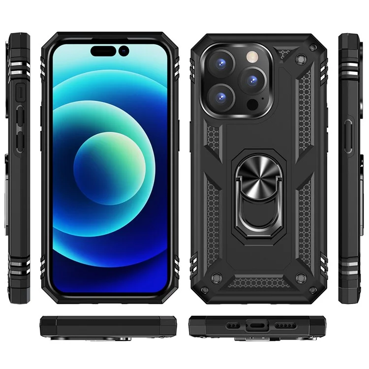 For iPhone 14 Pro Max 6.7 inch Rotary Kickstand Phone Case Soft TPU Hard PC Back Cover with Built-in Metal Sheet - Black