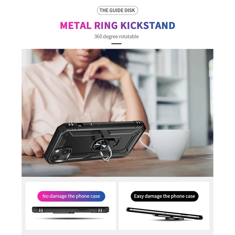 For iPhone 14 Plus 6.7 inch Ring Kickstand Hybrid TPU + PC Case Anti-drop Phone Cover with Car Mount Metal Sheet - Black
