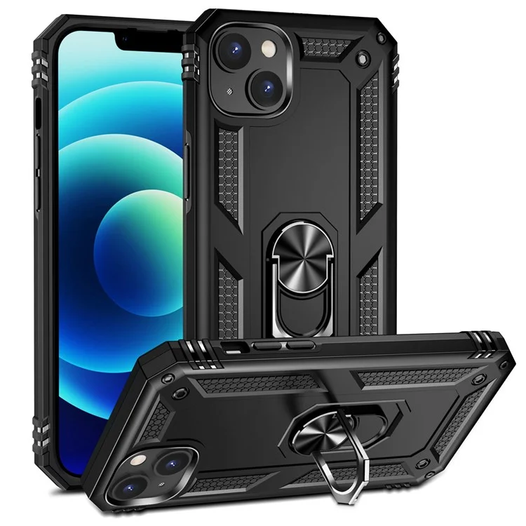 Para iPhone 14 6.1 pulgadas Funda de teléfono protectora de grado militar a prueba de golpes de TPU + PC con soporte y hoja de metal para montaje en coche - Negro