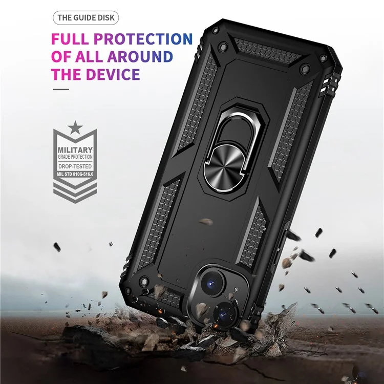 Para iPhone 14 6.1 pulgadas Funda de teléfono protectora de grado militar a prueba de golpes de TPU + PC con soporte y hoja de metal para montaje en coche - Negro