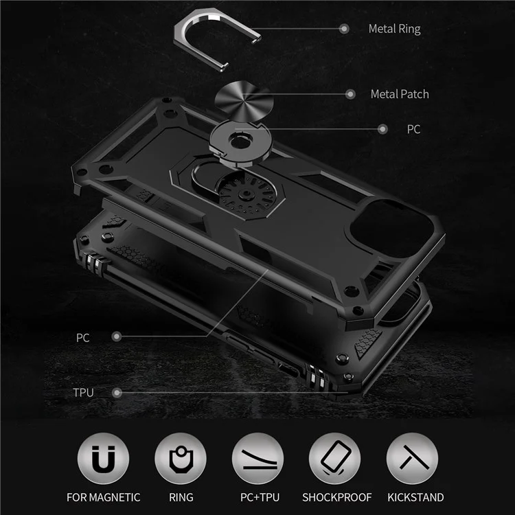 Para iPhone 14 6.1 pulgadas Funda de teléfono protectora de grado militar a prueba de golpes de TPU + PC con soporte y hoja de metal para montaje en coche - Negro