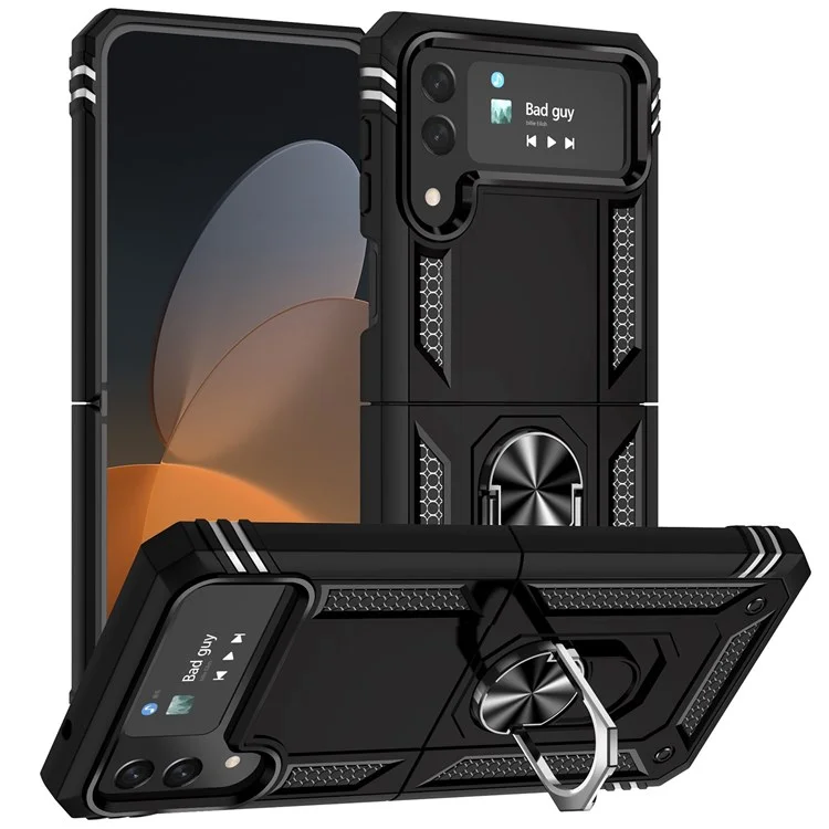 For Samsung Galaxy Z Flip4 5G Military Grade Protection Phone Case TPU + PC Kickstand Cover with Built-in Metal Sheet - Black