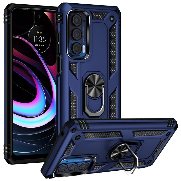 Для Motorola Edge (2021) Ring Holder Kickstand Phone Case Soft TPU + Hard PC Drop-proof Back Cover with Built-in Metal Sheet - Blue