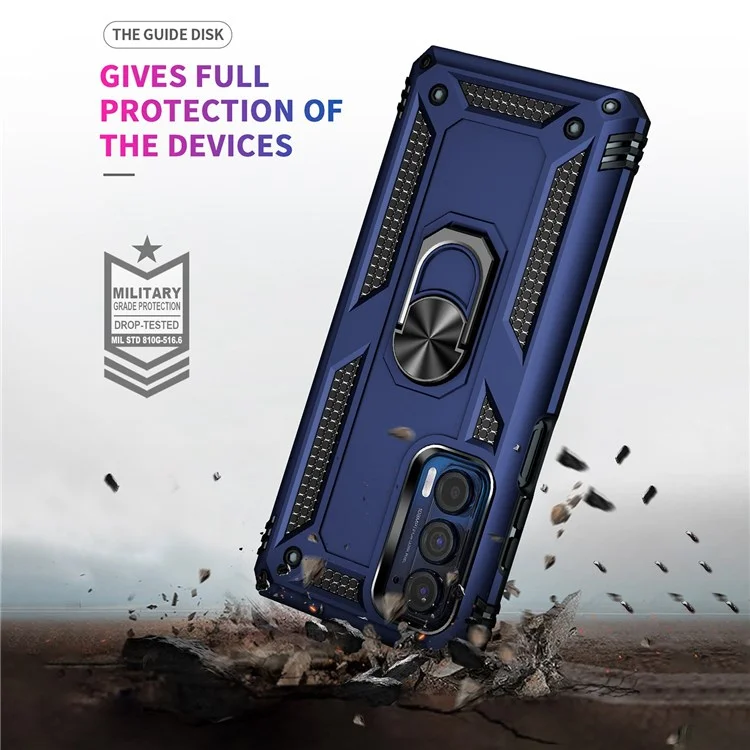 Для Motorola Edge (2021) Ring Holder Kickstand Phone Case Soft TPU + Hard PC Drop-proof Back Cover with Built-in Metal Sheet - Blue