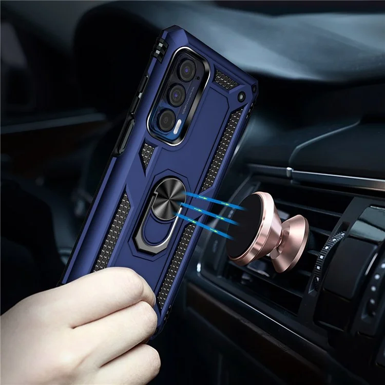 Для Motorola Edge (2021) Ring Holder Kickstand Phone Case Soft TPU + Hard PC Drop-proof Back Cover with Built-in Metal Sheet - Blue