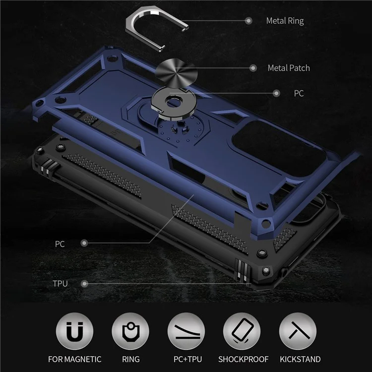 Для Motorola Edge (2021) Ring Holder Kickstand Phone Case Soft TPU + Hard PC Drop-proof Back Cover with Built-in Metal Sheet - Blue