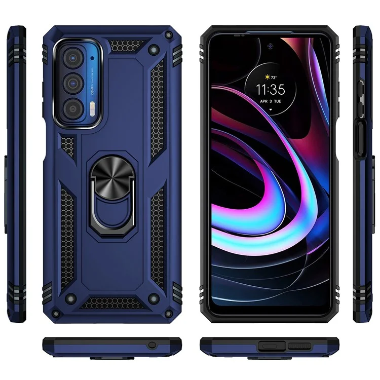 Для Motorola Edge (2021) Ring Holder Kickstand Phone Case Soft TPU + Hard PC Drop-proof Back Cover with Built-in Metal Sheet - Blue