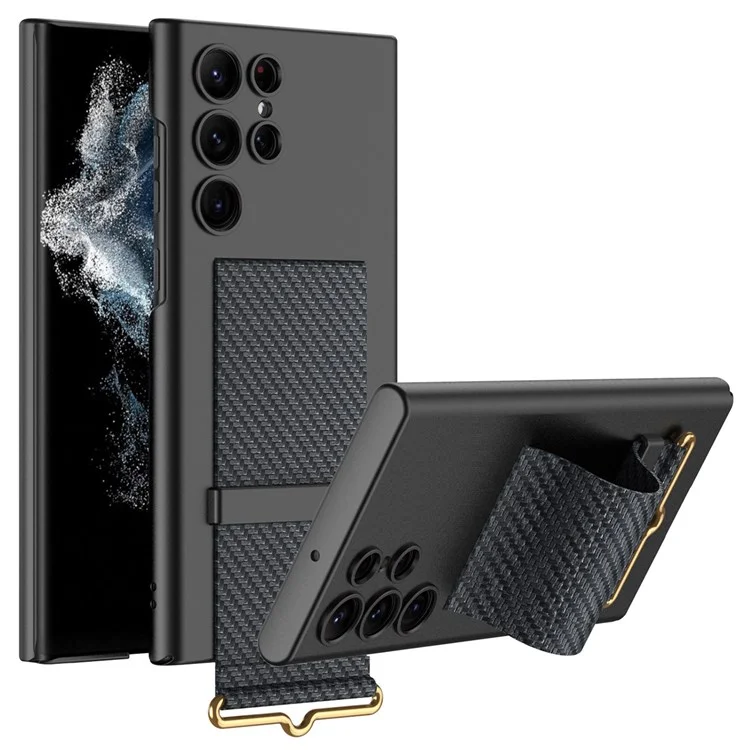 GKK Für Samsung Galaxy S22 Ultra 5G Handgelenk Band Kickstand Design Anti-wear-handy-hülle Pc+pu-leder Gut Geschützt - Kohlefaser