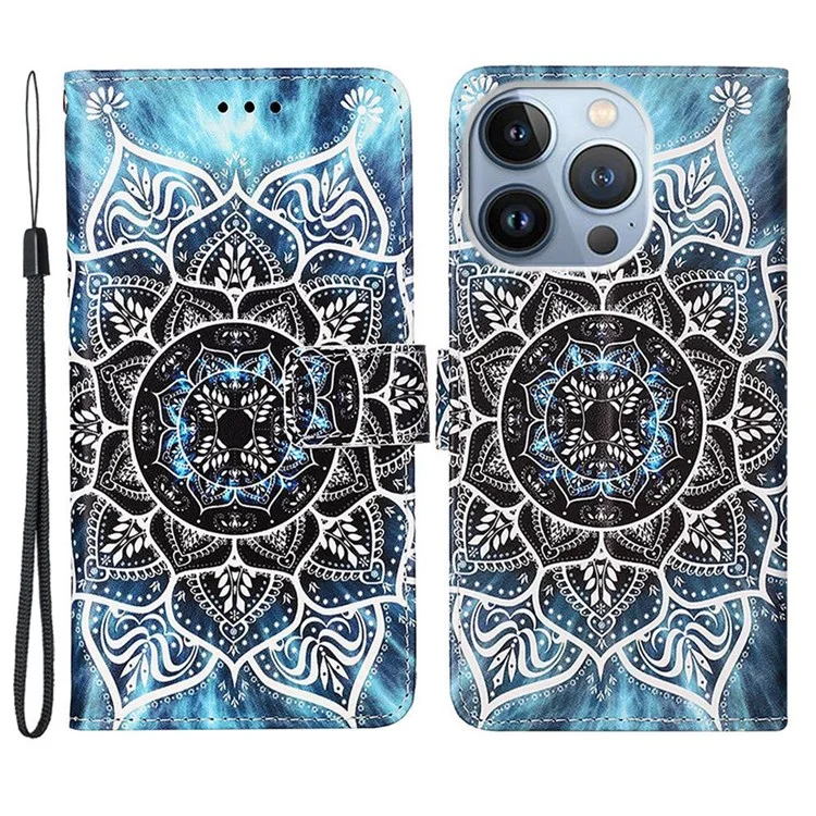 For iPhone 14 Pro Leather Case with Strap and Card Holder Pattern Printing Phone Stand Cover - Mandala Flower