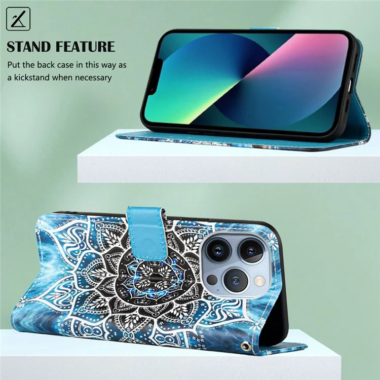 For iPhone 14 Pro Leather Case with Strap and Card Holder Pattern Printing Phone Stand Cover - Mandala Flower