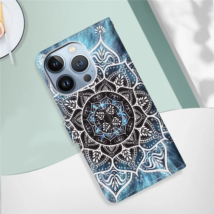 For iPhone 14 Pro Leather Case with Strap and Card Holder Pattern Printing Phone Stand Cover - Mandala Flower