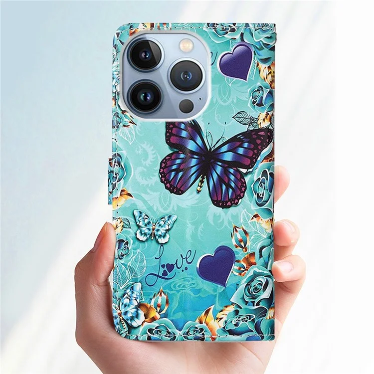 For iPhone 14 Pro Leather Case with Strap and Card Holder Pattern Printing Phone Stand Cover - Mandala Flower