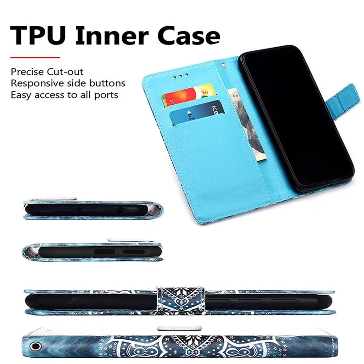 For iPhone 14 Pro Leather Case with Strap and Card Holder Pattern Printing Phone Stand Cover - Mandala Flower