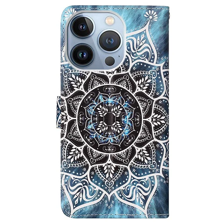 For iPhone 14 Pro Leather Case with Strap and Card Holder Pattern Printing Phone Stand Cover - Mandala Flower