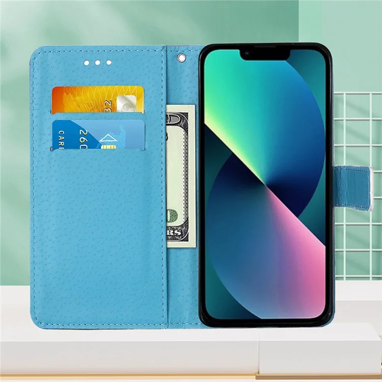 For iPhone 14 Leather Case with Strap and Card Holder Pattern Printing Phone Stand Cover - Mandala Flower