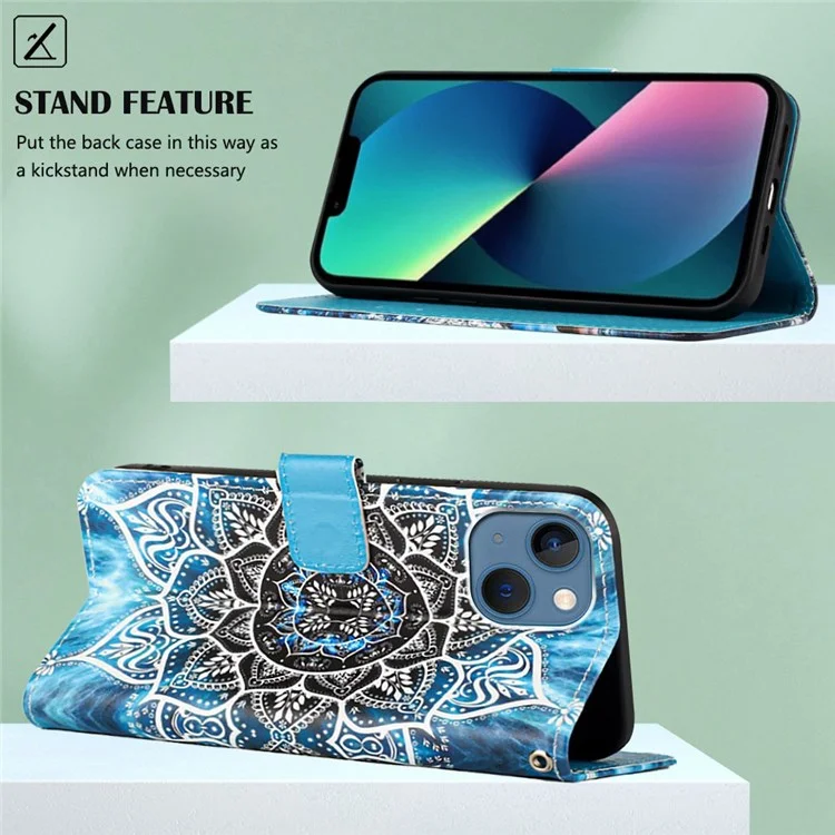 For iPhone 14 Leather Case with Strap and Card Holder Pattern Printing Phone Stand Cover - Mandala Flower