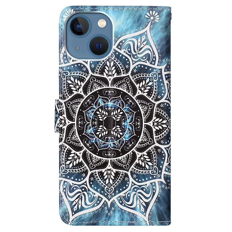 For iPhone 14 Leather Case with Strap and Card Holder Pattern Printing Phone Stand Cover - Mandala Flower