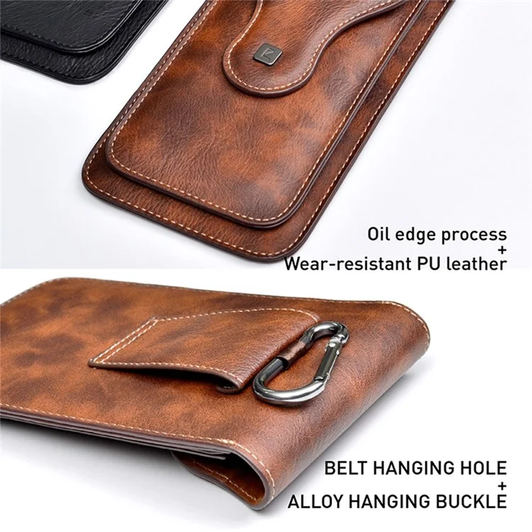 Vertical PU Leather Waist Pouch for 6.5-inch Cell Phones Dual Layer Belt Phone Bag with Hook - Brown