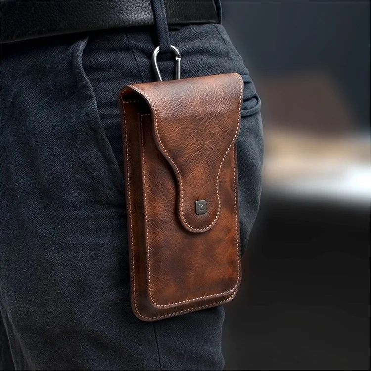 Vertical PU Leather Waist Pouch for 6.5-inch Cell Phones Dual Layer Belt Phone Bag with Hook - Brown