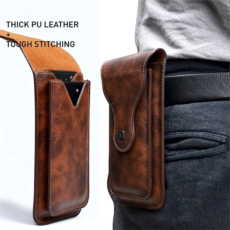Vertical PU Leather Waist Pouch for 6.5-inch Cell Phones Dual Layer Belt Phone Bag with Hook - Brown