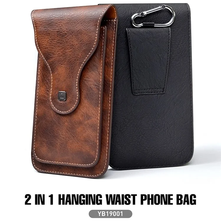 Vertical PU Leather Waist Pouch for 6.5-inch Cell Phones Dual Layer Belt Phone Bag with Hook - Brown