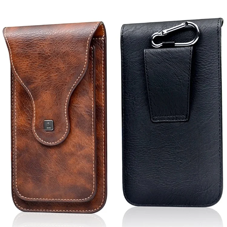 Vertical PU Leather Waist Pouch for 6.5-inch Cell Phones Dual Layer Belt Phone Bag with Hook - Brown