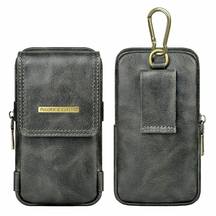 PULOKA Vertical Multifunction Mobile Phone Zippered Bag for 7.2-inch Cell Phones PU Leather Waist Pouch with Pen Holder - Dark Grey
