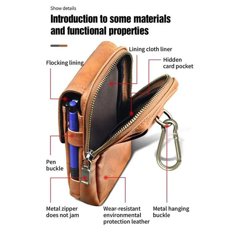 PULOKA Vertical Multifunction Mobile Phone Zippered Bag for 7.2-inch Cell Phones PU Leather Waist Pouch with Pen Holder - Dark Grey