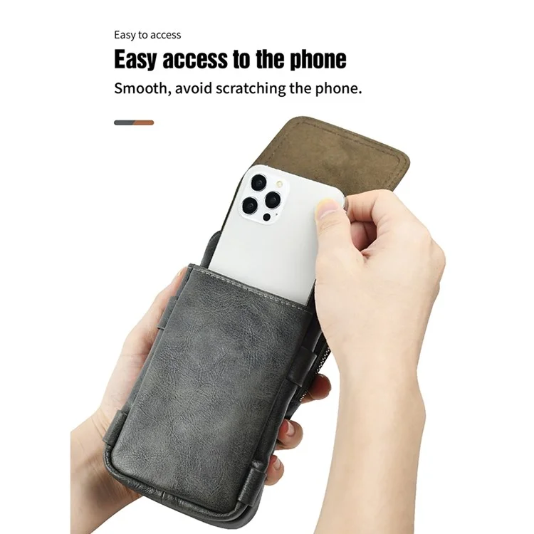 PULOKA Vertical Multifunction Mobile Phone Zippered Bag for 7.2-inch Cell Phones PU Leather Waist Pouch with Pen Holder - Dark Grey