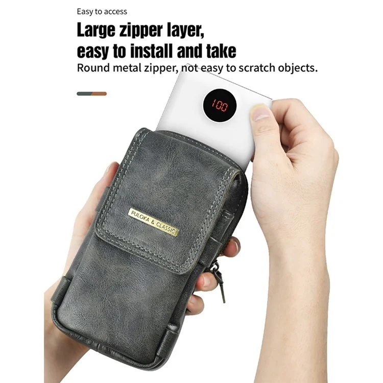 PULOKA Vertical Multifunction Mobile Phone Zippered Bag for 7.2-inch Cell Phones PU Leather Waist Pouch with Pen Holder - Dark Grey