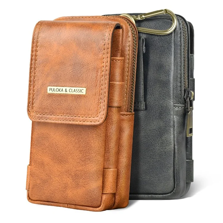 PULOKA Vertical Multifunction Mobile Phone Zippered Bag for 7.2-inch Cell Phones PU Leather Waist Pouch with Pen Holder - Dark Grey