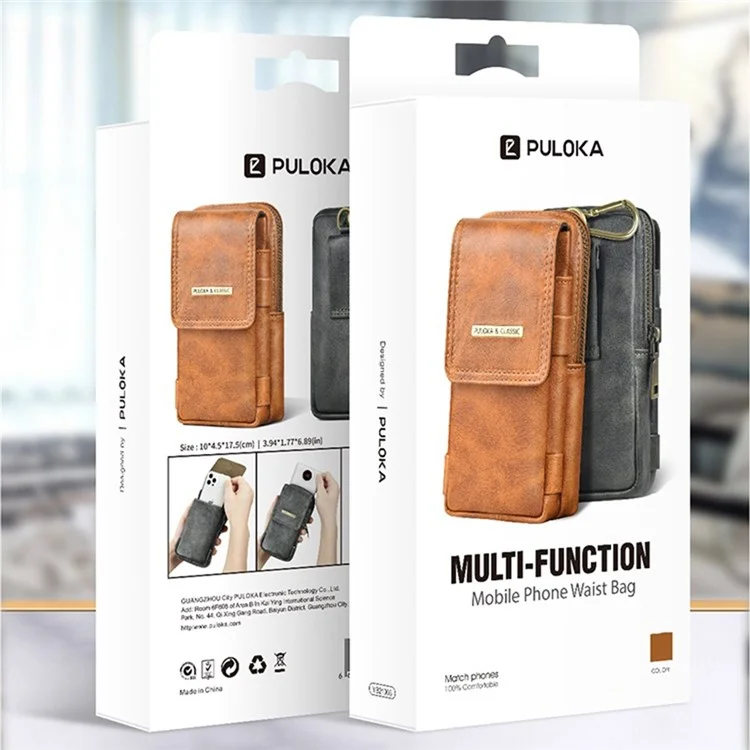 PULOKA Vertical Multifunction Mobile Phone Zippered Bag for 7.2-inch Cell Phones PU Leather Waist Pouch with Pen Holder - Dark Grey