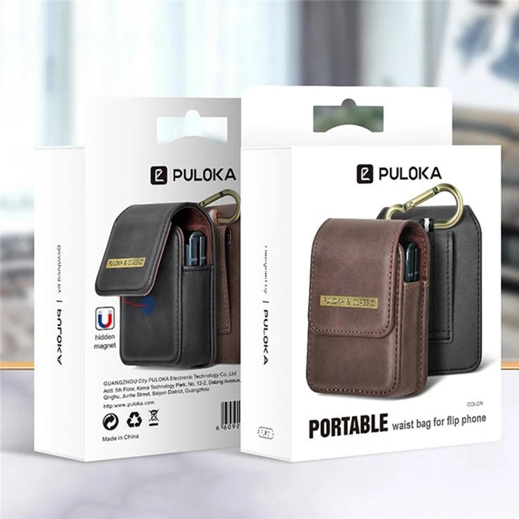 Puloka Para Samsung Galaxy Z Flip4 5g Bolsa de Cintura Portátil Bolsa de Couro PU Resistente a Arranhões Vertical Com Gancho - Preto