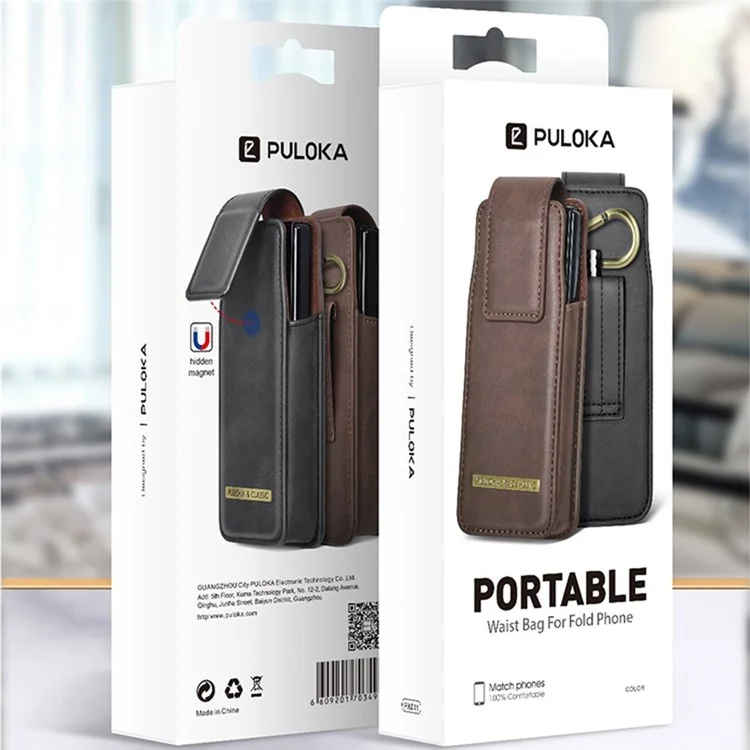 PULOKA Waist Bag per Samsung Galaxy Z Fold5 5G / Fold4 5G / Fold3 5G / Fold2 5G Borsa Verticale per Telefono in Pelle PU - Nero