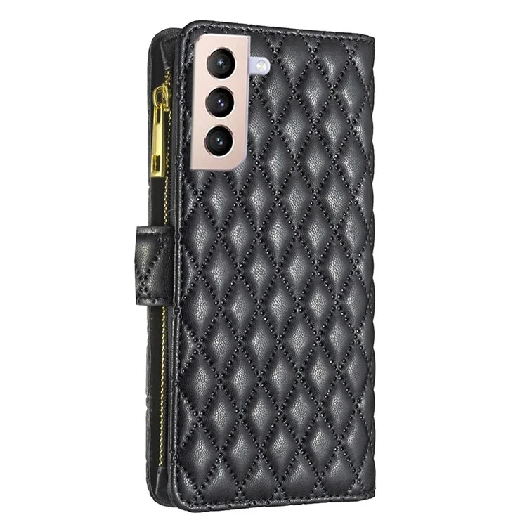 Binfen Color BF Style-15 Pour Samsung Galaxy S21 + 5G PU le Cuir Imprimé Rhombus Modèle Téléphone Boîte de Téléphone Portefeuille Matte Matte Anti-drop Couvercle Avec Poche à Fermeture Éclair - le Noir