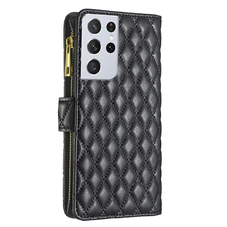 Binfen Color BF Style-15 Para Samsung Galaxy S21 Ultra 5G Rhombus Padrão Impressão Caso de Couro Fosco Tampa de Telefone Protetora Com Carteira Zíper do Bolso - Preto