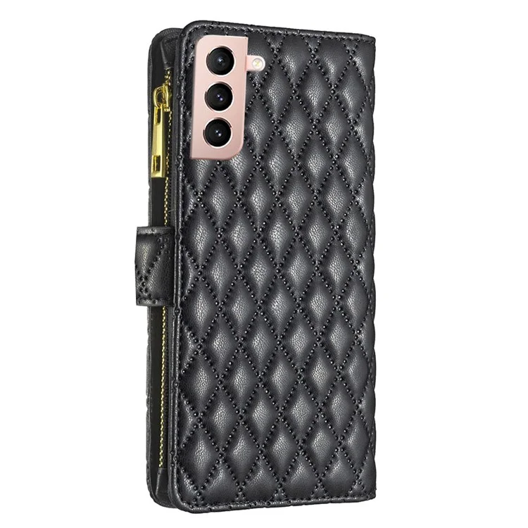 Binfen Color BF Style-15 Für Samsung Galaxy S21 4g / 5G Rhombusmuster Eingeprägter Mattes PU -leder -tpu -hülle Wallet Reißverschluss Pocket Phone Shell Protektor - Schwarz