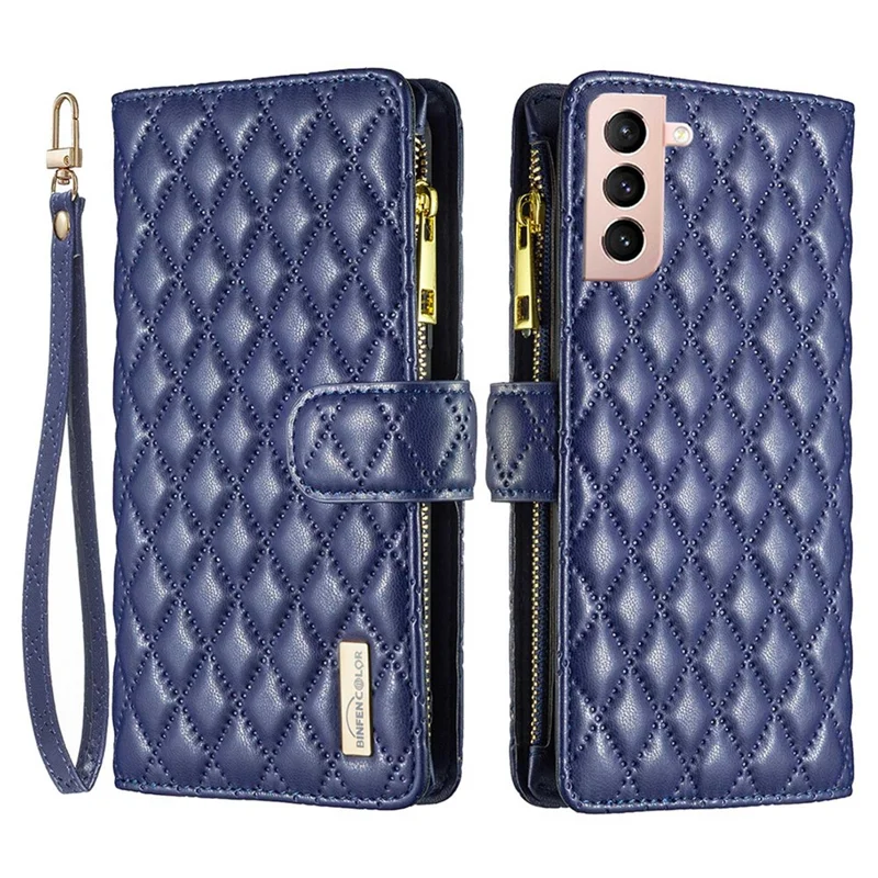 BINFEN COLOR BF Style-15 for Samsung Galaxy S21 4G / 5G Rhombus Pattern Imprinted Matte PU Leather TPU Case Stand Wallet Zipper Pocket Phone Shell Protector - Blue