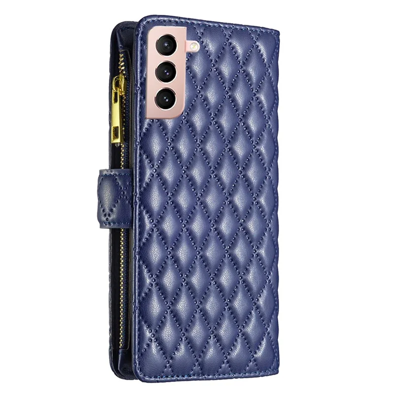 BINFEN COLOR BF Style-15 for Samsung Galaxy S21 4G / 5G Rhombus Pattern Imprinted Matte PU Leather TPU Case Stand Wallet Zipper Pocket Phone Shell Protector - Blue