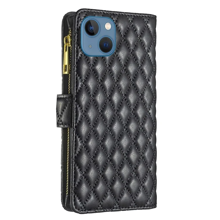 BINFEN COLOR BF Style-15 for iPhone 13 mini 5.4 inch Zipper Pocket Rhombus Pattern Imprinted Phone Case Matte PU Leather Wallet Stand Shell - Black