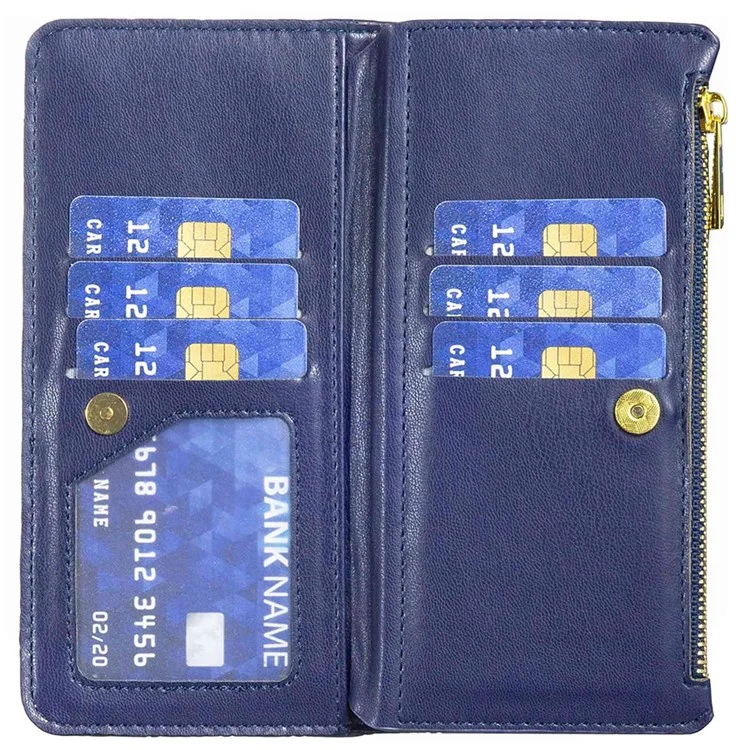 Binfen Farbe BF Style-15 Für Iphone 13 Mini 5,4 Zoll Reißverschluss Pocket Rhombus Muster Eingeprägter Telefonhülle Matte PU Leder Brieftasche Shell Shell - Blau