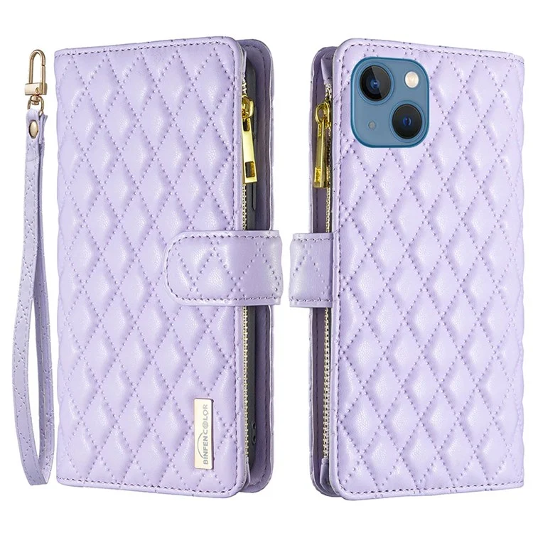 Binfen Farbe BF Style-15 Für Iphone 13 Mini 5,4 Zoll Reißverschluss Pocket Rhombus Muster Eingeprägter Telefonhülle Matte PU Leder Brieftasche Shell Shell - Violett