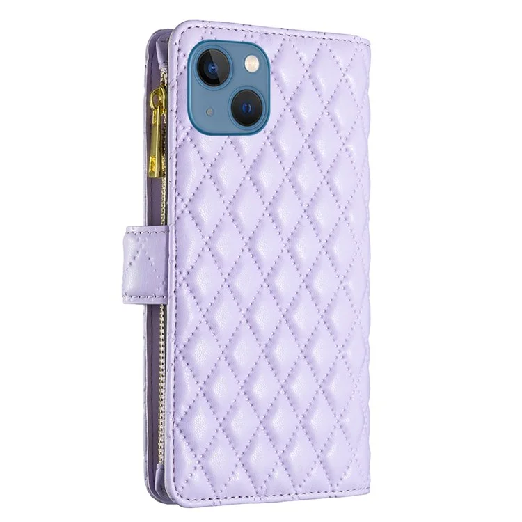 Binfen Farbe BF Style-15 Für Iphone 13 Mini 5,4 Zoll Reißverschluss Pocket Rhombus Muster Eingeprägter Telefonhülle Matte PU Leder Brieftasche Shell Shell - Violett