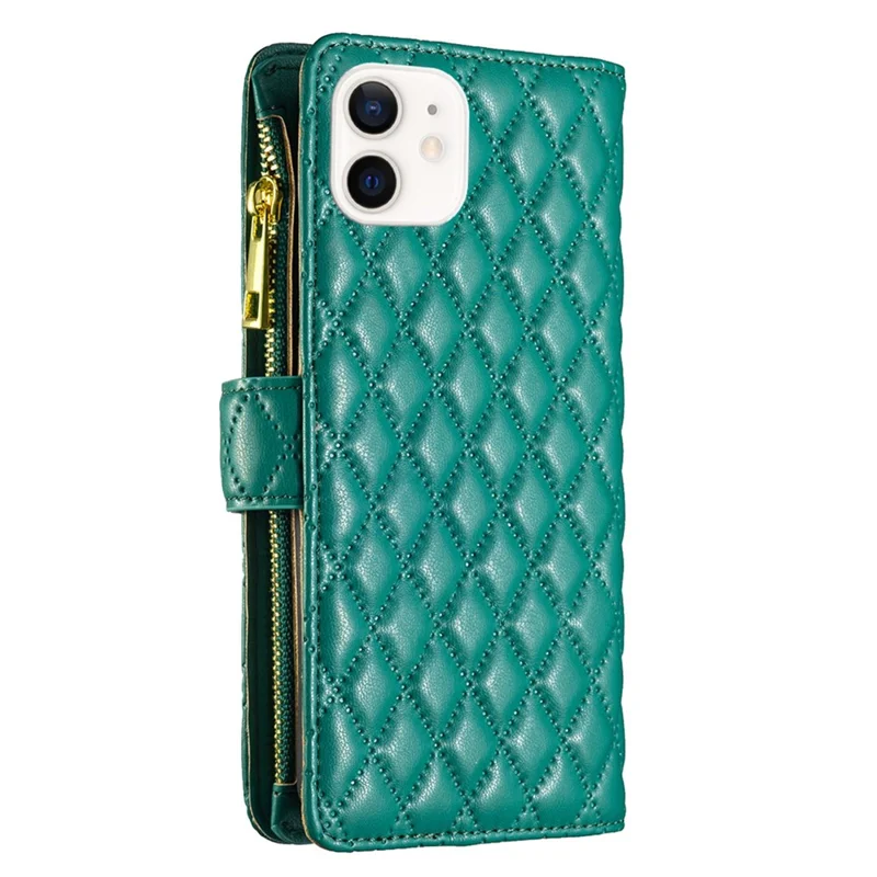 BINFEN COLOR BF Style-15 for iPhone 12 mini 5.4 inch Zipper Pocket Imprinting Rhombus Pattern Matte PU Leather Phone Case with Wallet Stand - Green