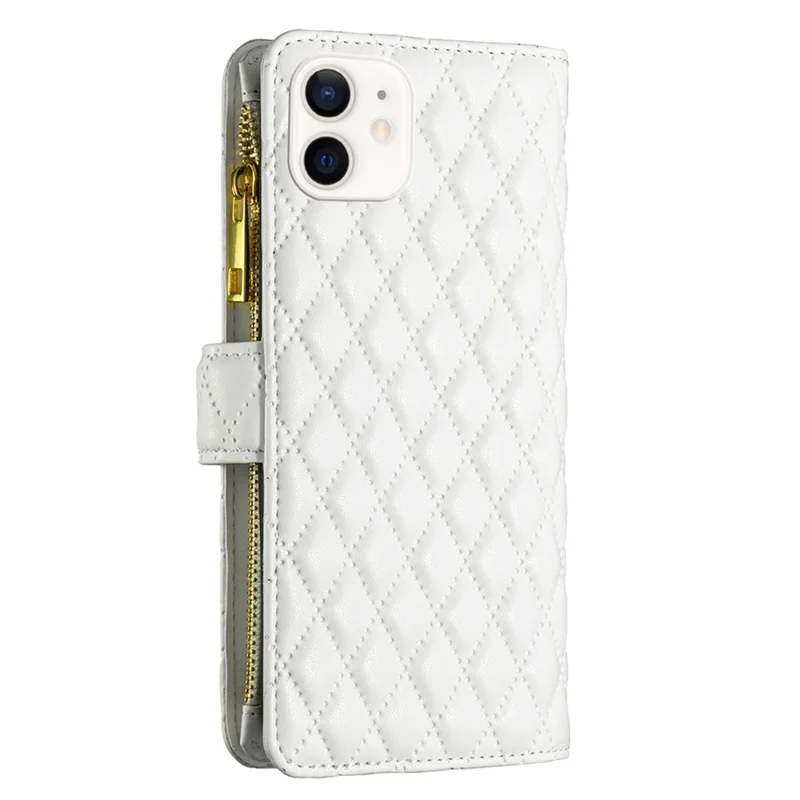 BINFEN COLOR BF Style-15 for iPhone 12 mini 5.4 inch Zipper Pocket Imprinting Rhombus Pattern Matte PU Leather Phone Case with Wallet Stand - White