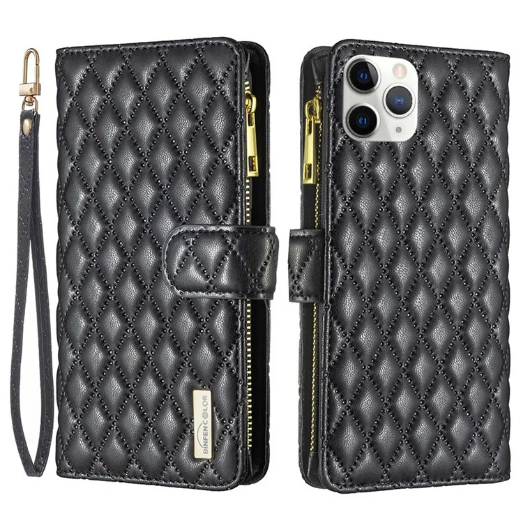 Binfen Color BF Style-15 Per Iphone 11 Pro Max da 6,5 ​​pollici Con Cerniera in Pelle PU Pullotto Paformato Portafoglio Imprinting Rhombo Pattern Matte Cover - Nero